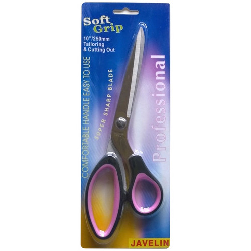 10 inch soft grip stainless steel dressmakers scissors in pink and black, displayed in Javelin retail packaging.