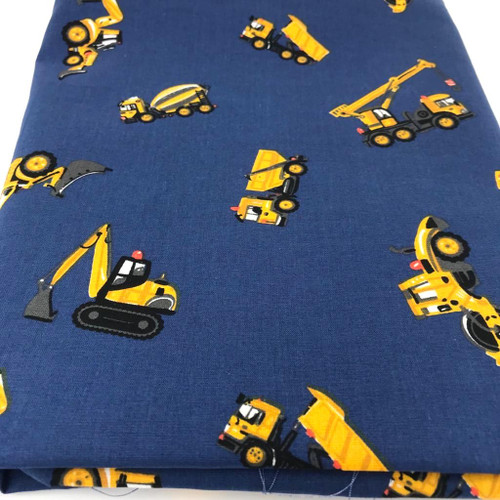 Digger Trucks Navy 100% Cotton Fabric – 140cm Wide, Sold Per Metre