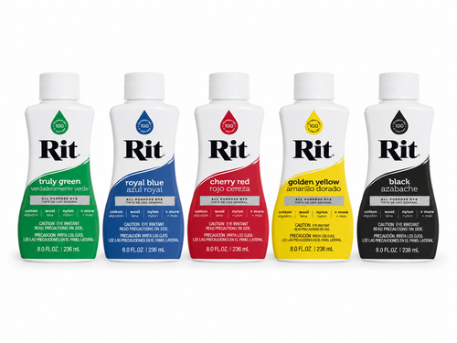 Rit Liquid Fabric Dye 236ml available in Cherry Red, Black, Royal Blue, Golden Yellow and Truly Green for fabric dyeing, clothing restoration and craft projects.