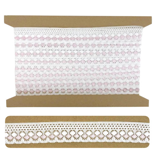 A reel of 33mm pink and white flat lace trim featuring an open spot pattern with a decorative scalloped edge, designed for sewing, dressmaking, and craft projects.