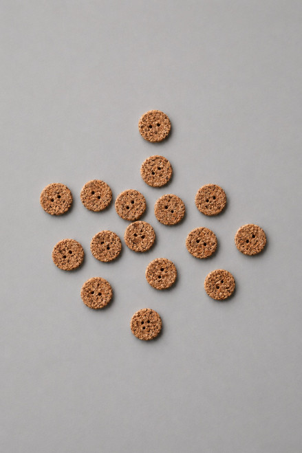 A round 17mm natural cork button with two sewing holes in the centre, featuring a textured cork finish suitable for sewing, knitting, and craft projects.