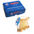 A blue box saying Butterfly Brand Safety Pins and below the box a brass coloured safety pin that is holding 4 small, 4 medium and 3 large brass coloured safety pins