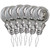 six silver colour metal foil needle threaders with embossed heads on them.