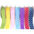 Close-up of 25mm grosgrain ribbon with four rows of small white polka dots on a ribbed texture, showing you seven colours of polka dot ribbon in this image.