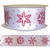 Festive 38mm ribbon with red glitter snowflake design, sold by the metre for Christmas crafts and gift wrapping. A full roll of white satin ribbon with glitter red snowflakes printed on it.