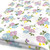 Image shows a white polycotton fabric printed with medium size lilac roses in clusters of three. The floral pattern is evenly spaced, creating a soft, summery look. The fabric is 112cm wide with a smooth finish and shown folded in a rectangle photographed at an angle.
