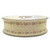 A spool of cream coloured woven ribbon tape with a printed pattern of mini pink flowers and green foliage.