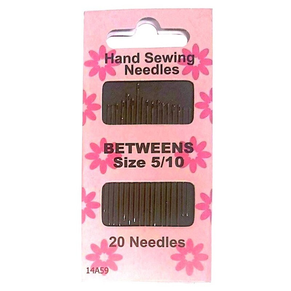 Image shows a pack of 10 betweens hand sewing needles in sizes 5 to 10. The needles are shorter and slimmer than standard sewing needles and are arranged in a paper sleeve with a clear viewing window. The vintage-style packaging is neatly labelled with size information.