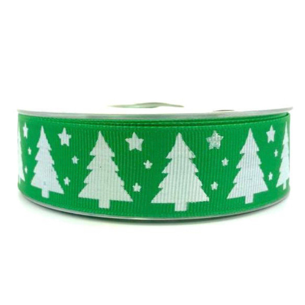 Emerald green grosgrain ribbon, 16 mm wide, with a white silhouette print of upright Christmas trees spaced evenly along the length. Small white stars are printed between the trees. The ribbon has a ribbed texture.