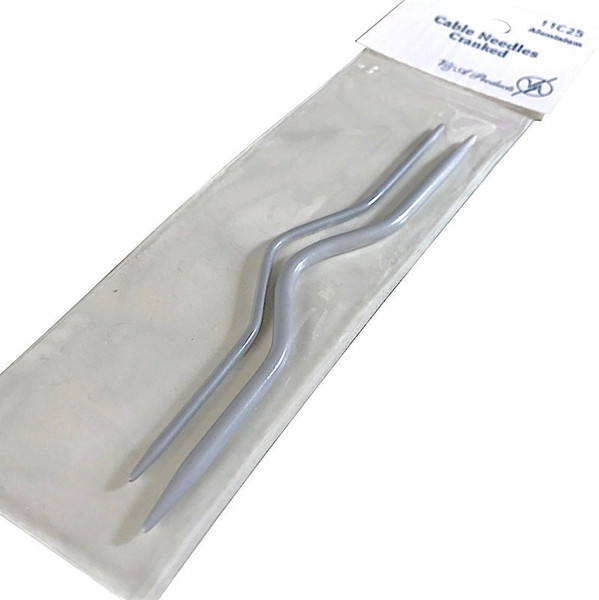 Two aluminium cranked cable needles in different sizes in clear plastic wallet.