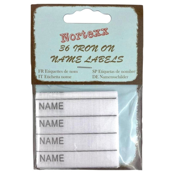 A pack of labels pre printed with the word NAMEthen a space to fill in your wording. They are in a clear plastic pack with a cardboard header stating 36 labels enclosed. Nortexx is the brand