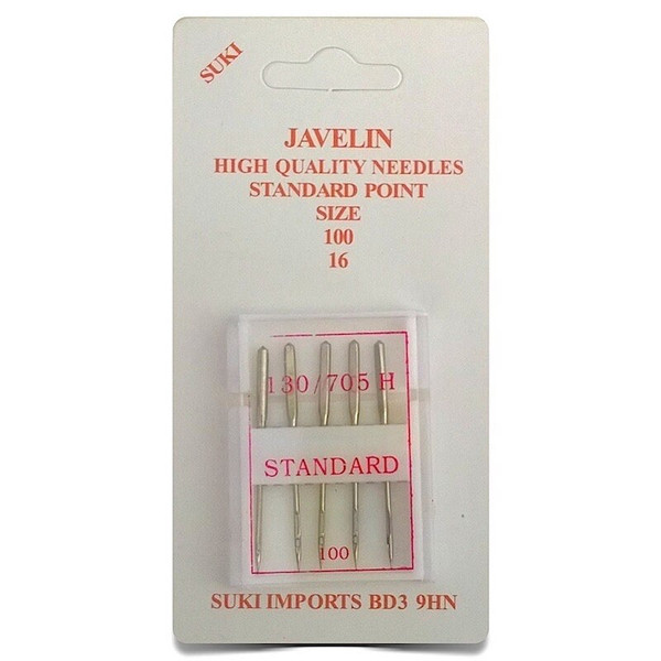 A pack of 5 sewing machine needles in a plastic box on white card which states Javelin High Quality Needles Standard Point Size 16/100