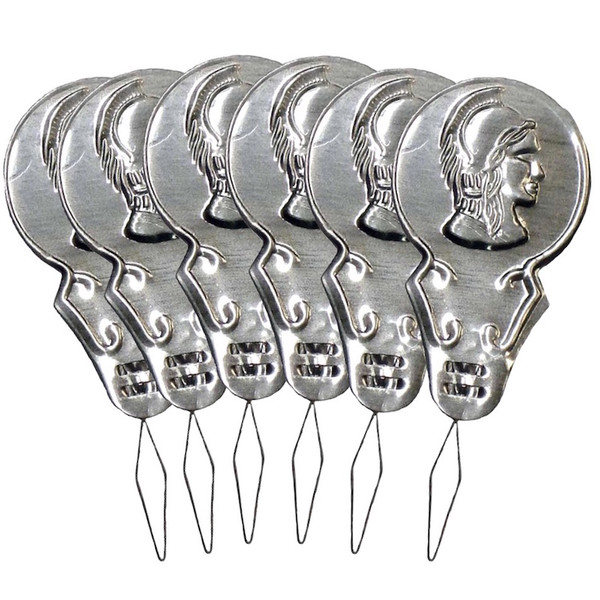 six silver colour metal foil needle threaders with embossed heads on them.