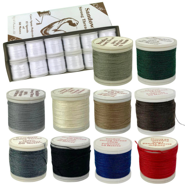 A selection of 10 different colours of reels of thread, in Red, Navy Blue, Black,Dark Grey, Brown, Light Brown, Cream, Light Grey, Dark Green, Light Green. And behind is a box containing 12 reels of white thread.