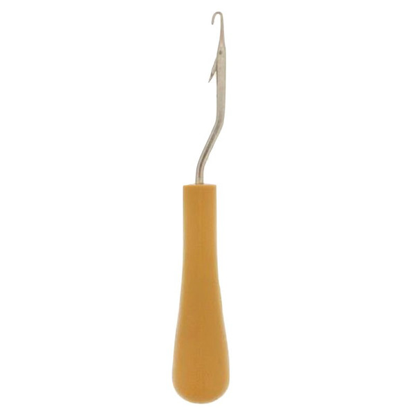 Image shows a curved latch hook rug tool with an ergonomic plastic handle to look like wood and a stainless steel latch hook. The tool is designed for pulling yarn through rug canvas grids and is lightweight for easy handling.