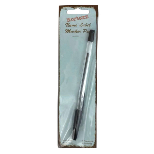 A clear plastic pack containing a black biro type pen on a card backing stating Name Label Marker Pen