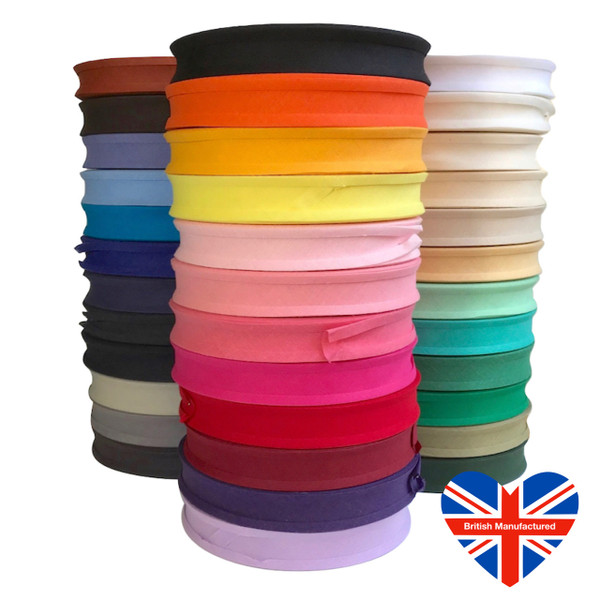 36 rolls of 1-inch cotton bias binding tape with pre-folded edges. 36 different colours all 50 meters. Union Jack Heart in the bottom right of the image.