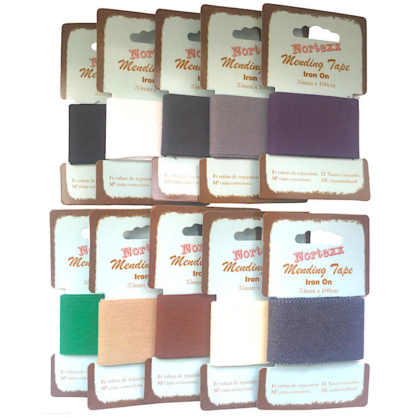 Image shows 10 cards of Nortexx Mend It Tape. Each has 35mm iron-on mending tape neatly folded outside the casing. The packaging shows instructions on the reverse.