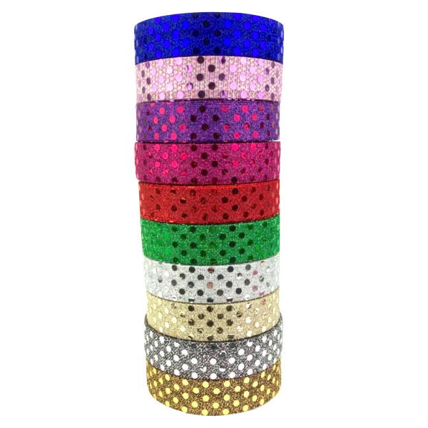 Image shows rolls of sequin bias binding tape in black, cerise pink, gold/black, emerald green, light gold, lilac, purple, red, royal blue, silver, and silver/black. The tape features sparkling sequins sewn onto a bias binding base, suitable for decorative sewing and crafts.