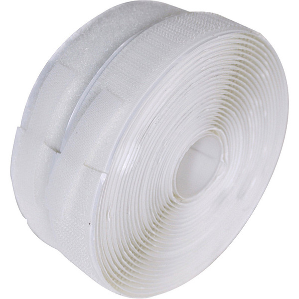 Image shows two rolls of white 50mm (2 inch) stick-in-place hook or loop tape. Showing a roll of loop side and a roll of hook side.