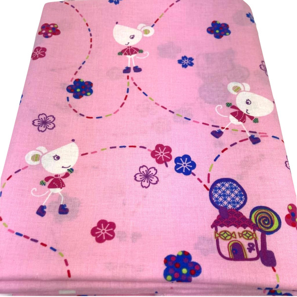 Image shows a lightweight pink cotton fabric printed with a playful children’s design of Nora the Mouse. The fabric is 137cm wide with a silky smooth finish, soft drape, and fine weave. Image shows fabric folded into a rectangle.