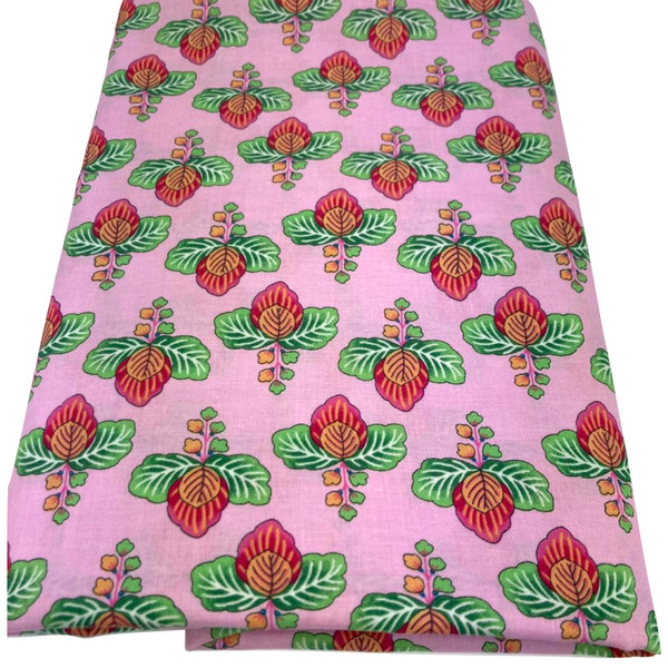 Image shows a medium weight dark pink cotton fabric, 137cm wide, printed with a colourful floral design featuring large flowers and leafy shapes resembling cabbage leaves. The design is uniform with no set direction. Folded in a rectangle.
