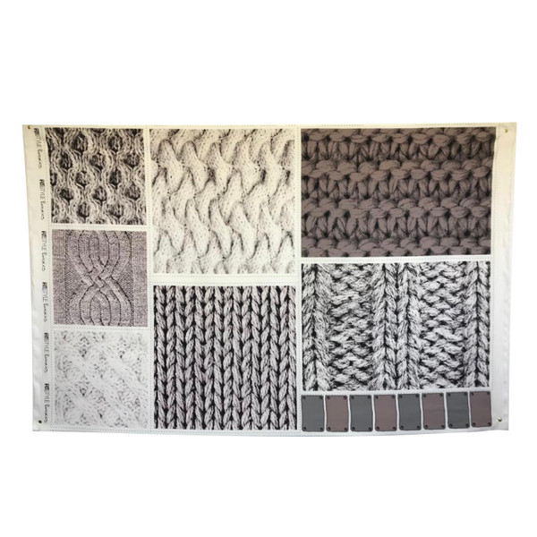 Image shows a 100% cotton fabric panel printed with eight large taupe knitted-effect cushion designs, including cable knit, stocking stitch, and chunky knit patterns, plus eight smaller matching square designs. The panel is 60 inches wide.