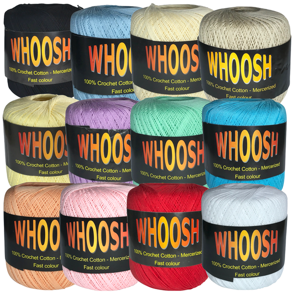 Image shows several balls of Whoosh Crochet Cotton with a smooth, lustrous finish. The label displays the brand name “Whoosh” along with product details. The yarn is tightly wound, showing the fine, even twist of the mercerised cotton. Image shows twelve colours available for purchase in total.
