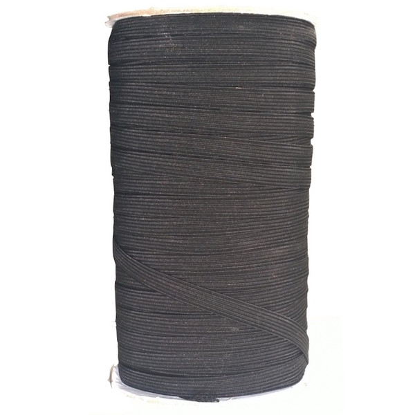 Image shows a 100-metre roll of 8mm-wide woven elastic tape in black. The elastic has a fine, smooth texture and is wound neatly for storage. Suitable for dressmaking, knitwear, crochet, and craft projects.