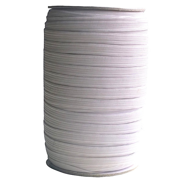 Image shows a 100-metre roll of 8mm-wide woven elastic tape in white. The elastic has a fine, smooth texture and is wound neatly for storage. Suitable for dressmaking, knitwear, crochet, and craft projects.