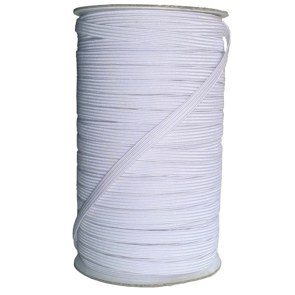 Image shows a 100-metre roll of 7mm-wide woven elastic tape in white. The elastic has a fine, smooth texture and is wound neatly for storage. Suitable for dressmaking, knitwear, crochet, and craft projects.