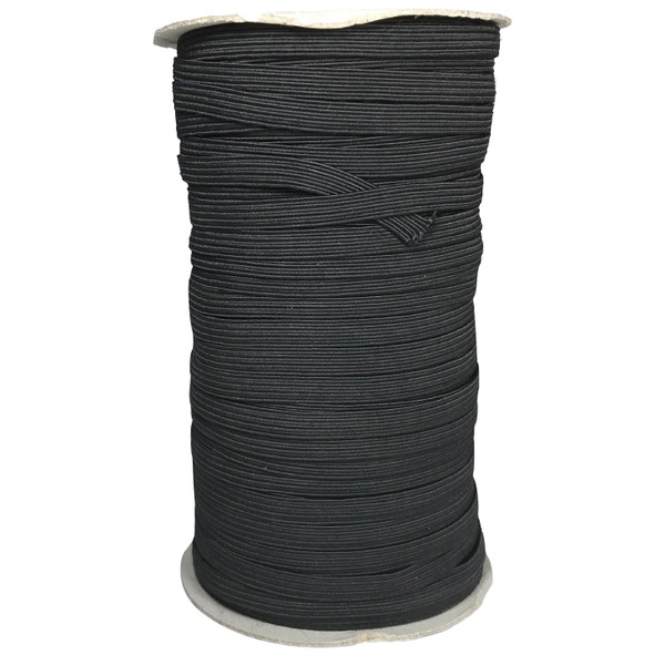 Image shows a 100-metre roll of 7mm-wide woven elastic tape in black. The elastic has a fine, smooth texture and is wound neatly for storage. Suitable for dressmaking, knitwear, crochet, and craft projects.