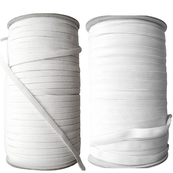 Image shows twoo 100-metre roll of 5mm-wide woven elastic tape in white side by side. The elastic has a fine, smooth texture and is wound neatly for storage. Suitable for dressmaking, knitwear, crochet, and craft projects.