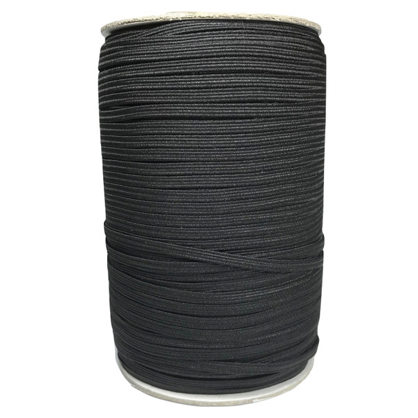 Image shows 200-metre roll of 3mm-wide woven elastic tape in black. The elastic has a fine, smooth texture and is wound neatly for storage. Suitable for dressmaking, knitwear, crochet, and craft projects.