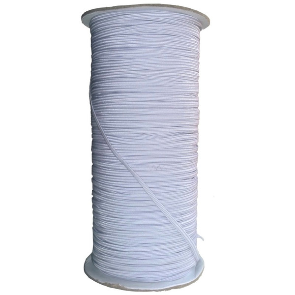 Image shows 200-metre roll of 3mm-wide woven elastic tape in white. The elastic has a fine, smooth texture and is wound neatly for storage. Suitable for dressmaking, knitwear, crochet, and craft projects.