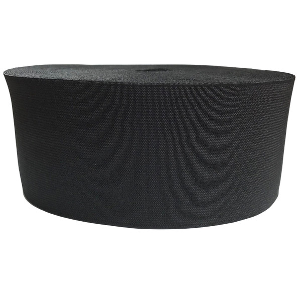 Image shows a 25-metre roll of 75mm-wide (3 inch) loom woven elastic in black. The elastic is thick, strong, and neatly wound, suitable for waistbands, sportswear, upholstery, and heavy-duty sewing projects.
