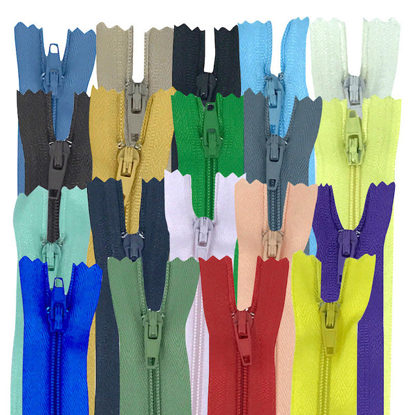 Image shows 19 colours of 16-inch nylon closed-end zips with a 4mm chain and drop-painted puller.