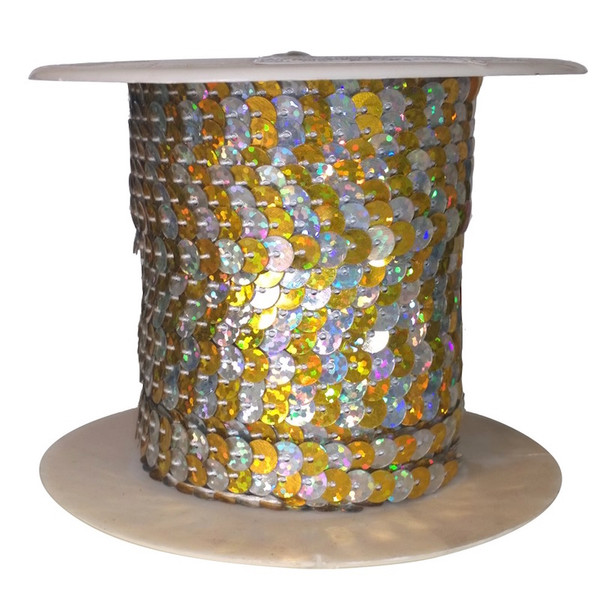 Alternating silver and gold hologram sequins each 6mm diameter, pre-strung on thread, shown on a roll.