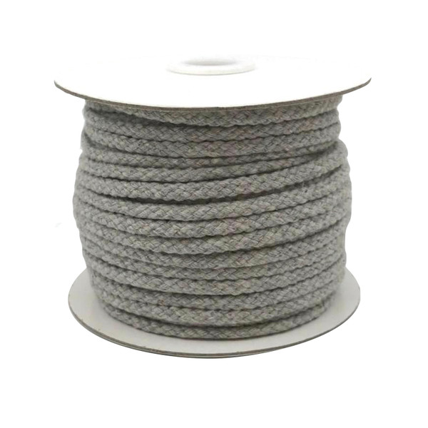 A roll of light grey strong 4mm braided cotton lacing cord, natural finish, shown coiled neatly on a 30 meter roll.