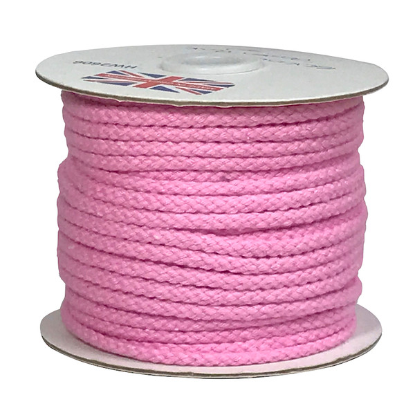 A roll of pink strong 4mm braided cotton lacing cord, natural finish, shown coiled neatly on a 30 meter roll.
