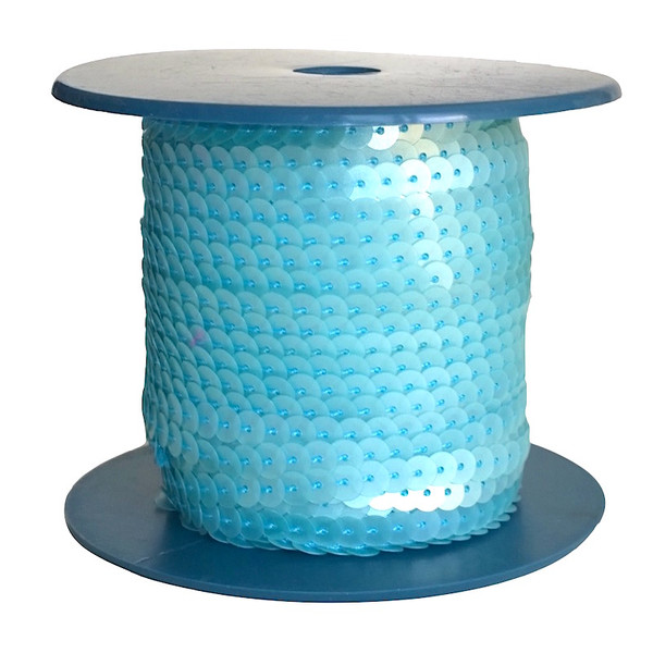 Blue sequins each 6mm diameter, pre-strung on thread, shown on a roll.