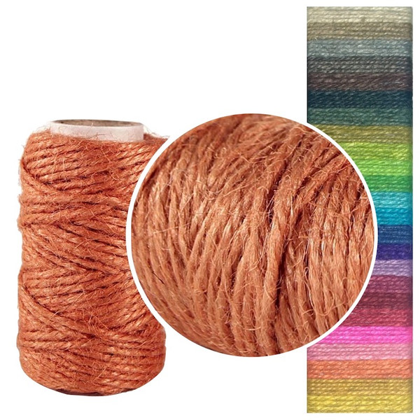 Roll of coloured 20 metre jute twine, approximately 2mm thick, made from natural 2-ply fibres and a card of each shade available.