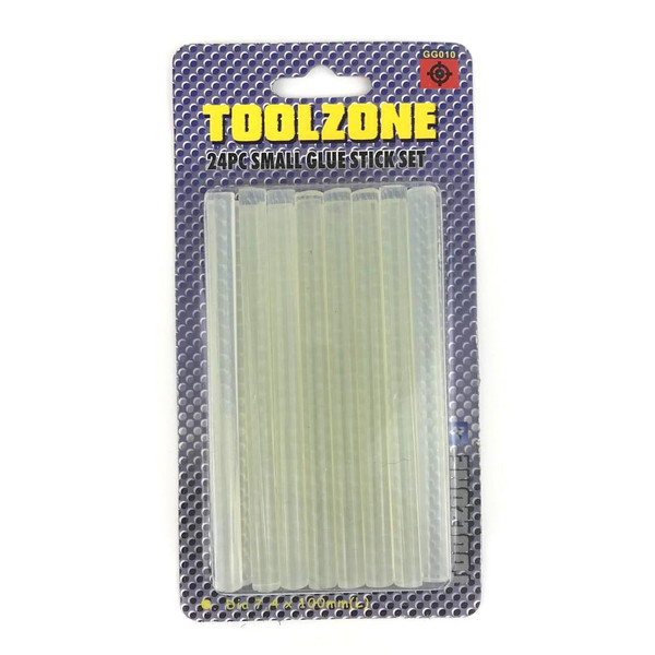 Pack of 24 clear mini glue gun sticks in retail packaging with Toolzone branding.