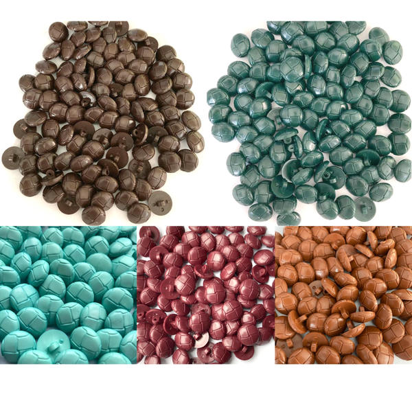 Assorted 18mm football-style shank buttons with a leather-effect finish shown in five colours, displayed in separate colour groups on a white background. Brown, Green, Turquoise, Wine and light tan.