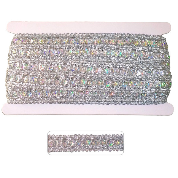 Silver knitted figure-eight braid decorated with holographic sequins displayed wrapped around a white card, with a close-up strip showing the trim design.”