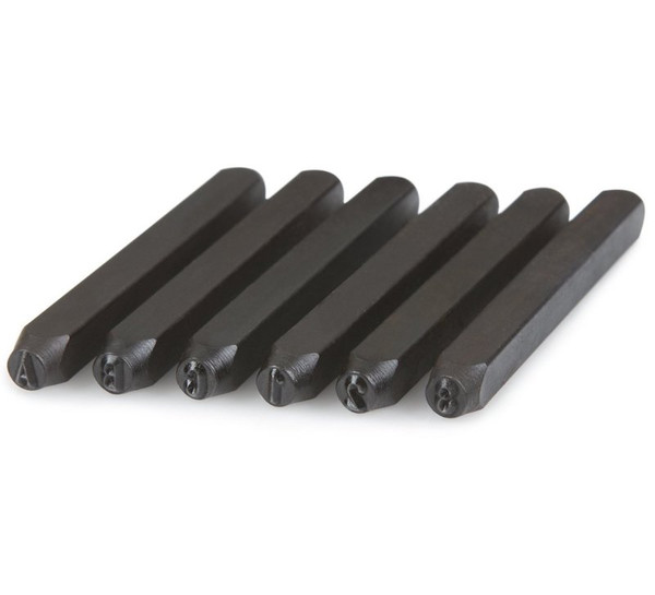 Image shows 6 out of the 36-piece stamp punch set with individual metal punches engraved with letters A to Z and numbers 0 to 9. Each punch has a flat striking end and a 5mm character face.
