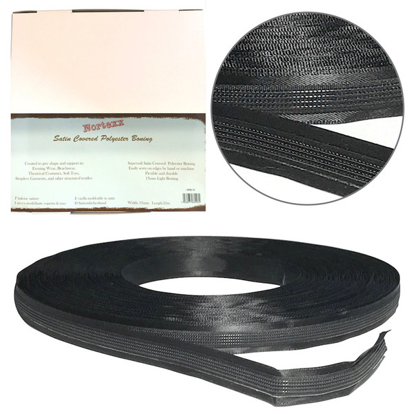 Black Satin Covered Boning – 15mm Wide Dressmaking Support (Per Metre or Roll)