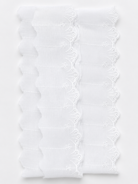 White 50mm Broderie Anglaise lace trim with embroidered eyelets and scalloped edge. Sold by the metre for sewing, crafts and dressmaking.