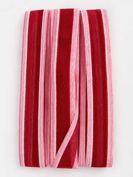 40mm natural jute ribbon with red and pink woven stripes, suitable for upholstery, decorative edging, gift wrapping and craft projects.