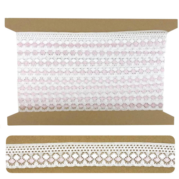 A reel of 33mm pink and white flat lace trim featuring an open spot pattern with a decorative scalloped edge, designed for sewing, dressmaking, and craft projects.